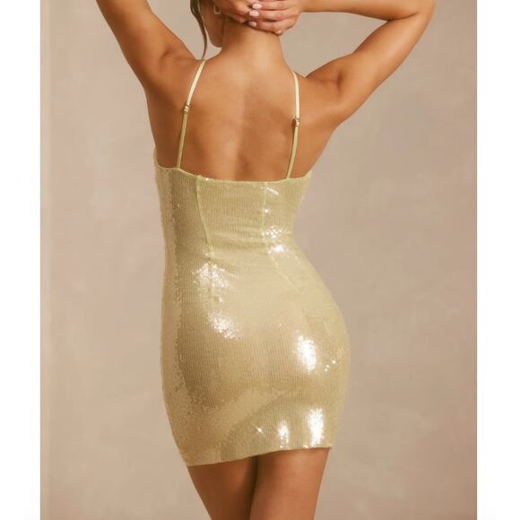 Oh Polly Orion Sheer Sequin Asymmetric Cut Out Mini in Pistachio Green US 4 - Picture 2 of 7